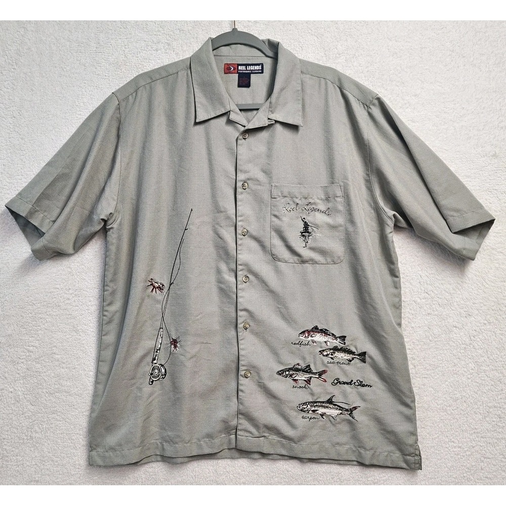 Reel Legends Embroidered Shirt Mens Sz Lg Short Sleeve Fishing Viscone Blend